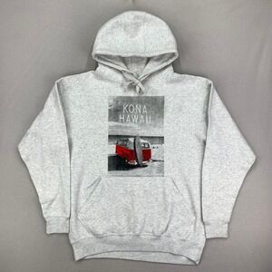Kona Hawaii Hoodie Mens XL Heather Grey Soft Fleece Pullover VW Bus Graphic Surf